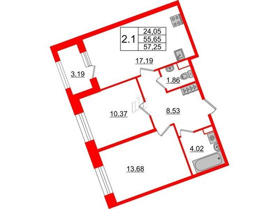Продажа 2-комнатной квартиры 55,7 м², 3/6 этаж