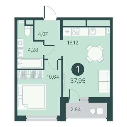 38 м², 1-комн. квартира, 2/10 этаж