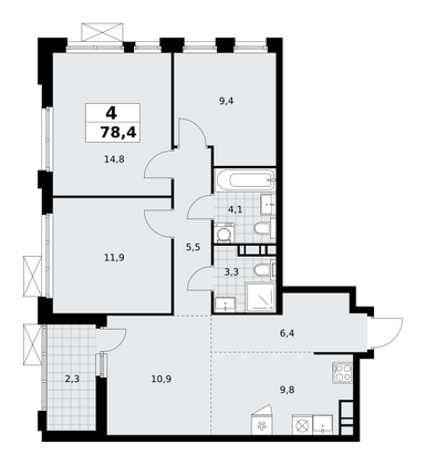 78,4 м², своб. планировка, 17/19 этаж