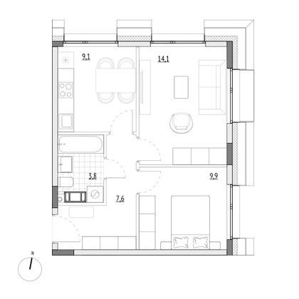 44,5 м², 2-комн. квартира, 7/7 этаж