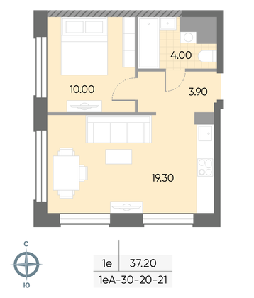 Продажа 1-комнатной квартиры 37,2 м², 21/30 этаж