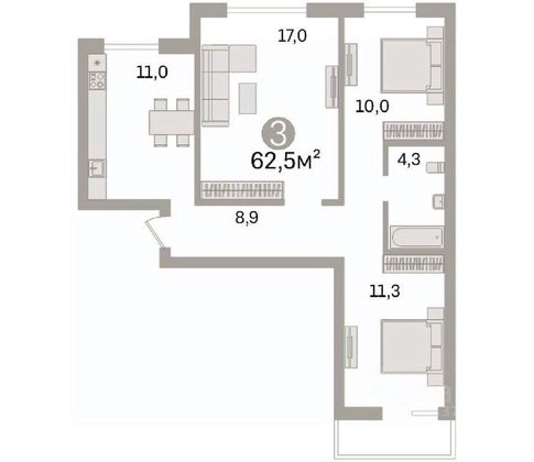 Продажа 3-комнатной квартиры 62,5 м², 10/10 этаж