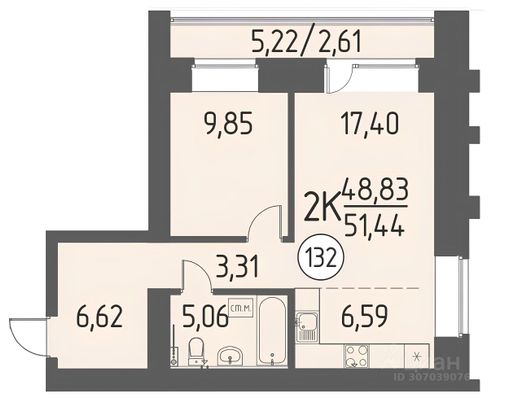 51,4 м², 2-комн. квартира, 14/14 этаж