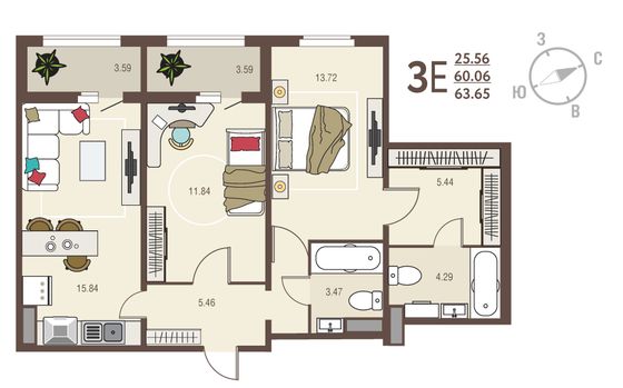 63,7 м², 2-комн. квартира, 13/17 этаж