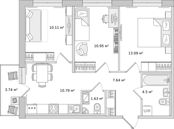 58,2 м², 3-комн. квартира, 11/15 этаж