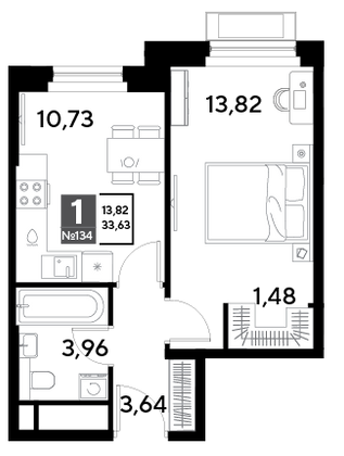 Продажа 1-комнатной квартиры 33,6 м², 13/25 этаж
