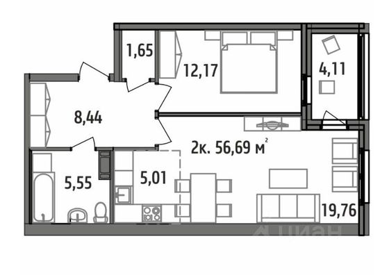 Продажа 2-комнатной квартиры 56,7 м², 5/14 этаж
