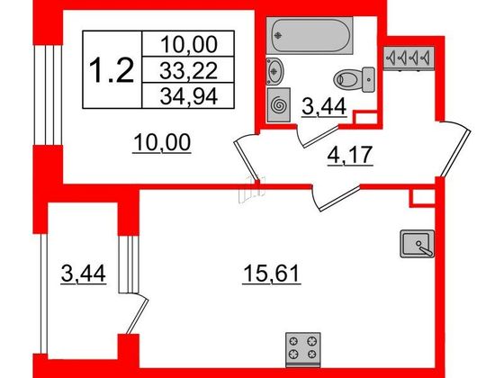 Продажа 1-комнатной квартиры 33,2 м², 2/12 этаж