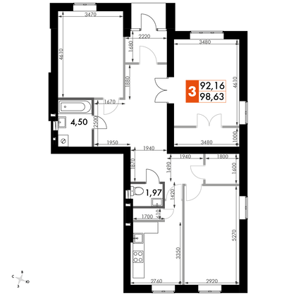 99,1 м², 2-комн. квартира, 1/4 этаж