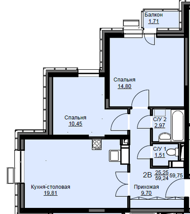 Продажа 2-комнатной квартиры 59,8 м², 3/17 этаж