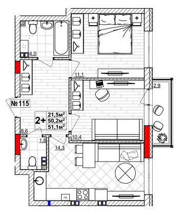 Продажа 2-комнатной квартиры 51,1 м², 2/4 этаж