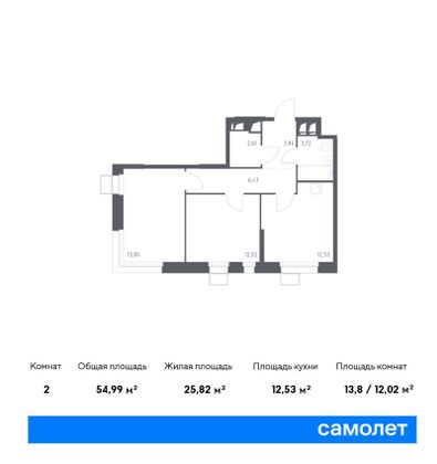 Продажа 2-комнатной квартиры 55 м², 6/23 этаж