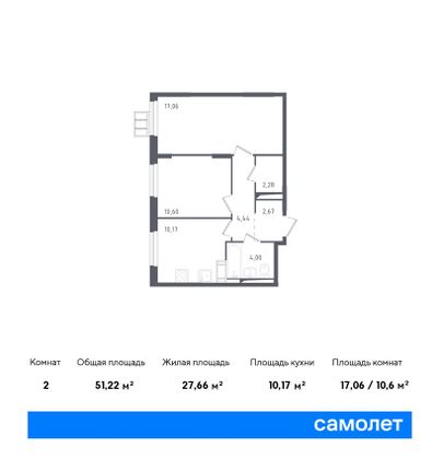 51,2 м², 2-комн. квартира, 15/17 этаж