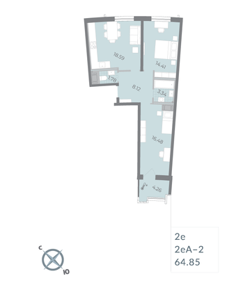 Продажа 2-комнатной квартиры 64,8 м², 10/16 этаж