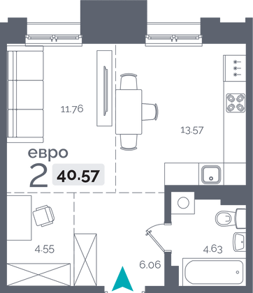 40,6 м², 1-комн. квартира, 2/15 этаж