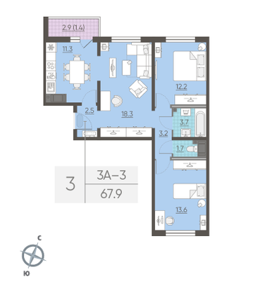 Продажа 3-комнатной квартиры 67,9 м², 10/14 этаж