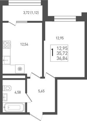 36,8 м², 1-комн. квартира, 8/9 этаж