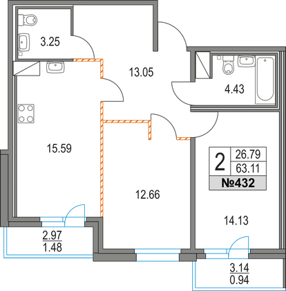 Продажа 2-комнатной квартиры 63,1 м², 13/16 этаж