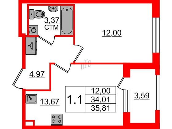 Продажа 1-комнатной квартиры 34 м², 1/4 этаж