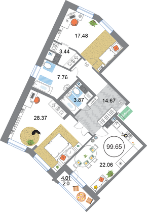 Продажа 2-комнатной квартиры 99,7 м², 3/12 этаж