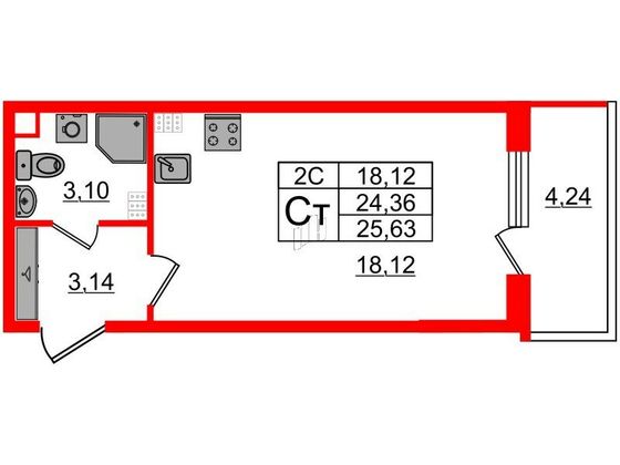 Продажа квартиры-студии 24,4 м², 5/5 этаж