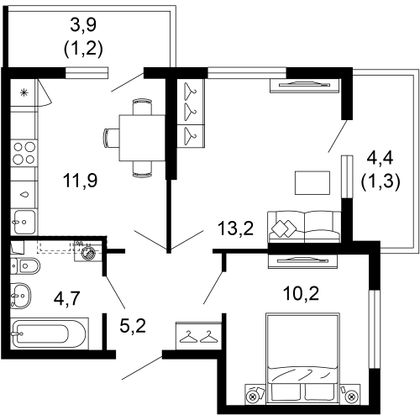 47,7 м², 2-комн. квартира, 1/17 этаж