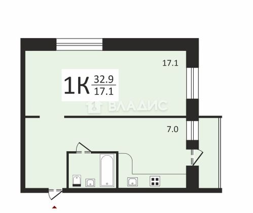 Продажа 1-комнатной квартиры 32,9 м², 4/5 этаж