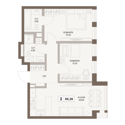 65,3 м², 2-комн. квартира, 50/75 этаж