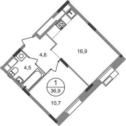 36,9 м², 1-комн. квартира, 7/9 этаж