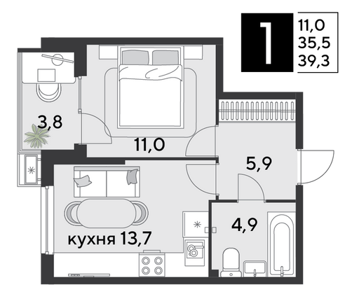 Продажа 1-комнатной квартиры 39,3 м², 2/18 этаж