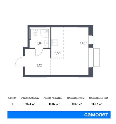 25,4 м², студия, 15/17 этаж