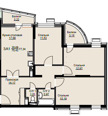 Продажа 3-комнатной квартиры 77,3 м², 5/17 этаж