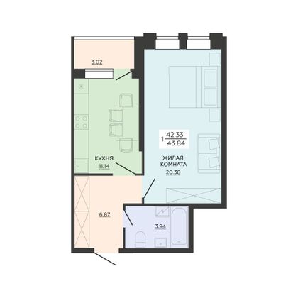 Продажа 1-комнатной квартиры 43,8 м², 2/21 этаж