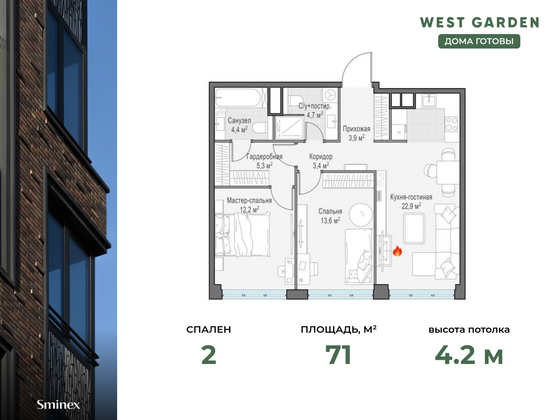 71 м², 2-комн. квартира, 14/14 этаж