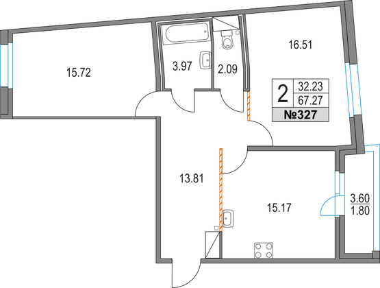 67,3 м², 2-комн. квартира, 4/16 этаж