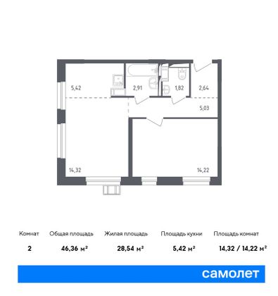 Продажа 2-комнатной квартиры 46,4 м², 2/17 этаж