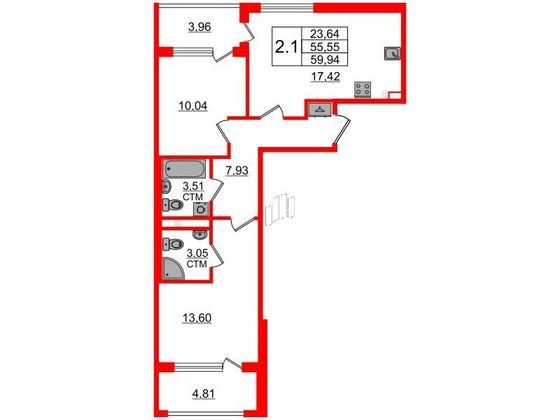 Продажа 2-комнатной квартиры 55,5 м², 3/4 этаж