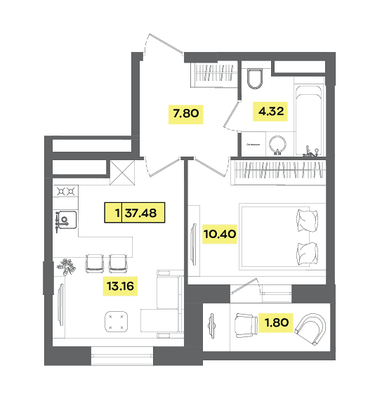 37,5 м², 2-комн. квартира, 4 этаж