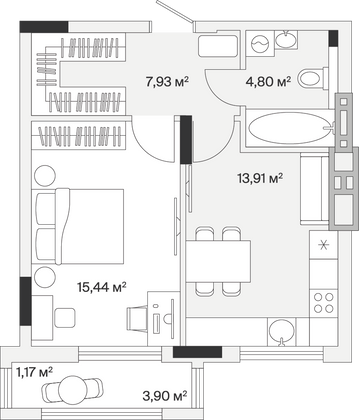 43,3 м², 1-комн. квартира, 1/7 этаж