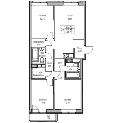 Продажа 3-комнатной квартиры 80,4 м², 3/23 этаж