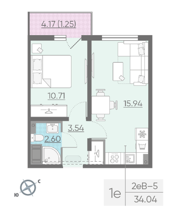 Продажа 1-комнатной квартиры 33,8 м², 3/13 этаж