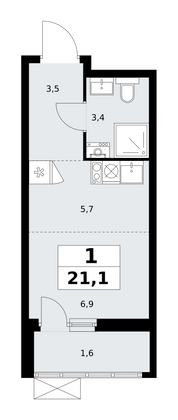 21,1 м², своб. планировка, 18/18 этаж