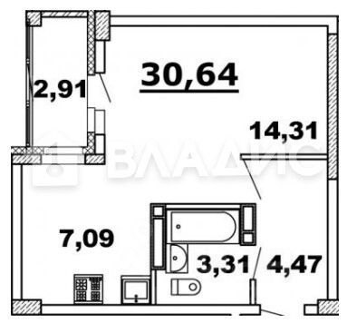 Продажа 1-комнатной квартиры 30,6 м², 4/14 этаж