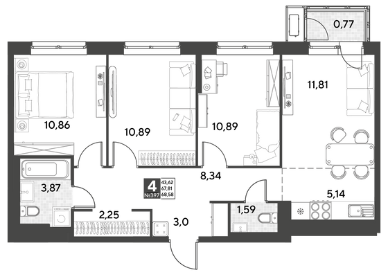 Продажа 4-комнатной квартиры 68,6 м², 3/21 этаж