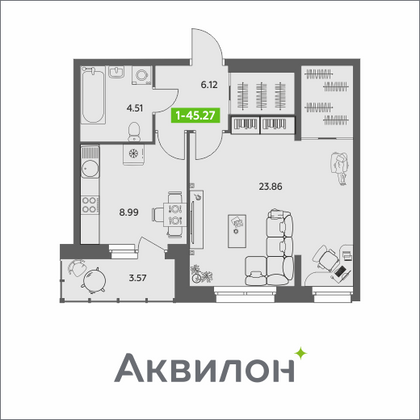 45,3 м², 1-комн. квартира, 1/8 этаж