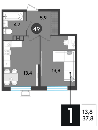 Продажа 1-комнатной квартиры 37,8 м², 6/18 этаж