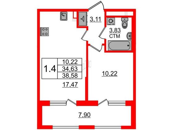 Продажа 1-комнатной квартиры 34,6 м², 3/4 этаж