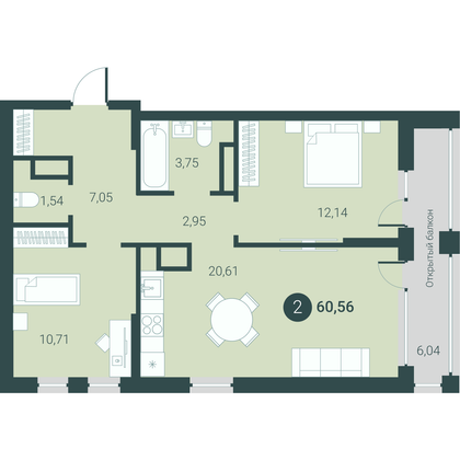 60,6 м², 2-комн. квартира, 13/23 этаж