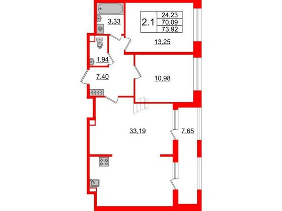 Продажа 2-комнатной квартиры 70,1 м², 2/12 этаж