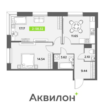 58,5 м², 2-комн. квартира, 4/12 этаж